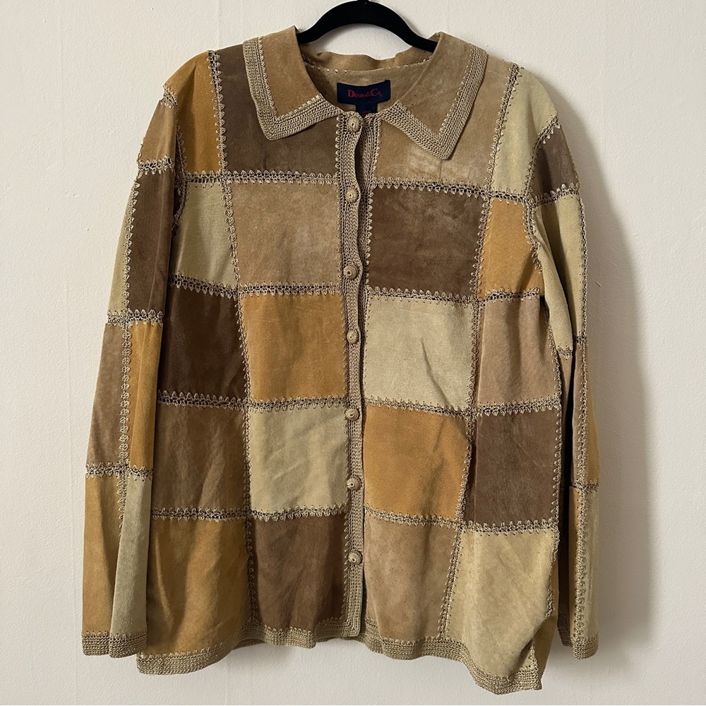 Denim&Co Earthy Crocheted Patchwork Button Down Shirt in Genuine Suede Leather